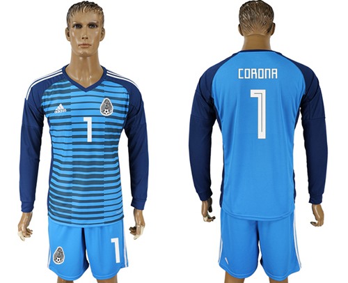 Mexico #1 Corona Blue Long Sleeves Goalkeeper Soccer Country Jersey